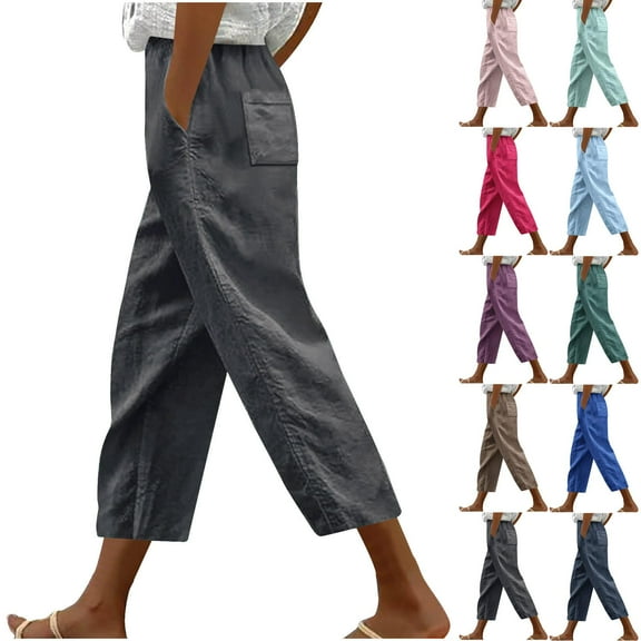 Kmdttou Capri Cargo Pants for Women Plus Size Casual Loose Harlan Pants With Drawstring Solid Color Lace Up Pockets Fashionable Cropped Pants