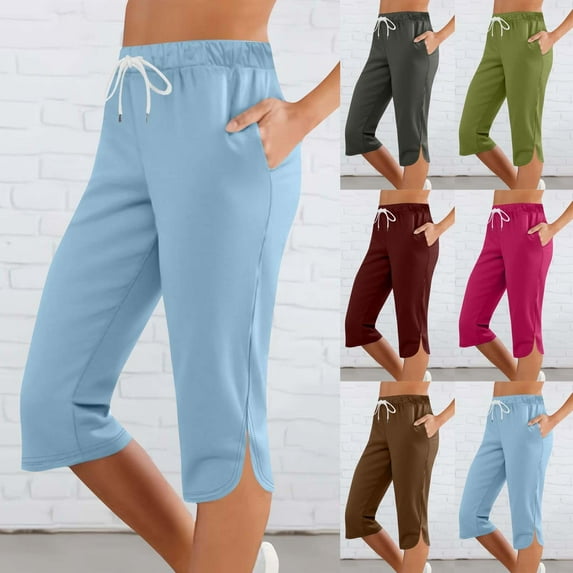 Kmdttou Capri Pants for Women with Pockets Solid Color Elastic Waist Sports Casual Capris Pants With Side Pockets