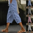 thumbnail image 1 of Kmdttou Capri Pants for Women with Pockets Summer Pants Casual Striped Trousers Drawstring Side Button Elastic Waist Linen Pockets Pants, 1 of 9