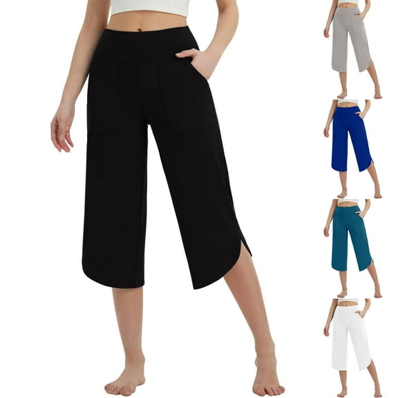 Kmdttou Capri Yoga Pants with Pockets for Women Capri Flared Pants High Waist Cropped Pants Wide Leg Yoga Cropped Pants With Pockets Loose Stretch Training Tight Pants Summer Casual