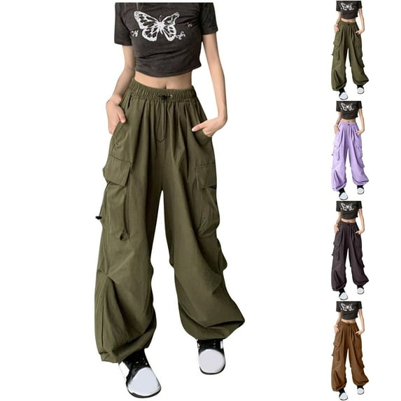 Kmdttou Cargo Pants Solid Color High Waist Wide Leg Casual Drawstring Work Pants S-3XL