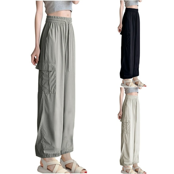 Kmdttou Cargo Pants Summer Workwear Pants Thin High Waisted Drying Sun Protection Ice Silk Casual Straight Leg Wide Leg Pants Pocket Long Pants