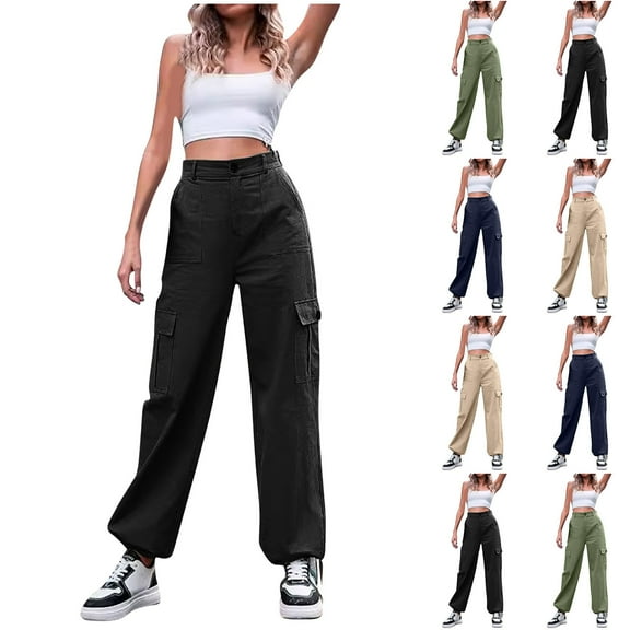 Kmdttou Cargo Pants Women Baggy Plus Size Fashionable Casual Solid Color Button High Waist Wide Leg Work Pants