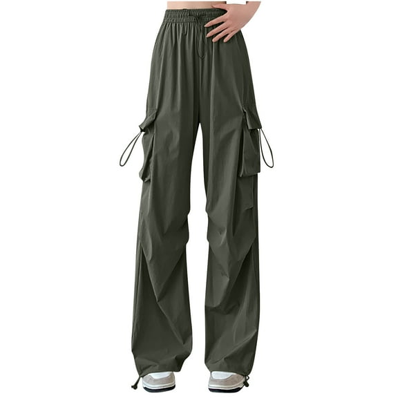 Kmdttou Cargo Pants Women Baggy Plus Size Ice Silk Thin Solid Color With Drawstring Pocket Straight Leg Work Pants