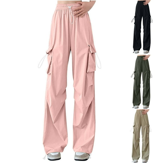 Kmdttou Cargo Pants Women Baggy Plus Size Ice Silk Thin Solid Color With Drawstring Pocket Straight Leg Work Pants