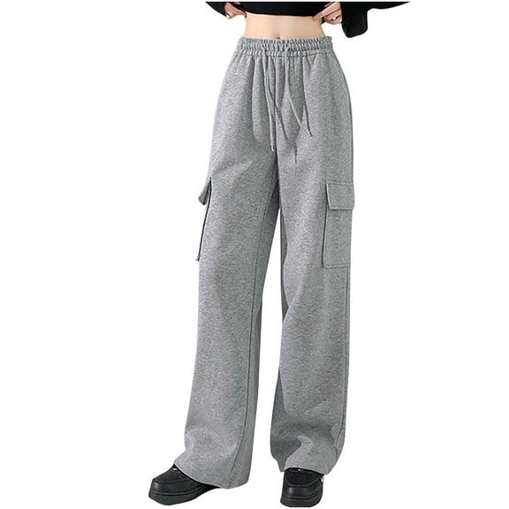 Kmdttou Cargo Pants Women Baggy Plus Size Solid Color Fashion Casual Loose Broad Leg Full Length Pants