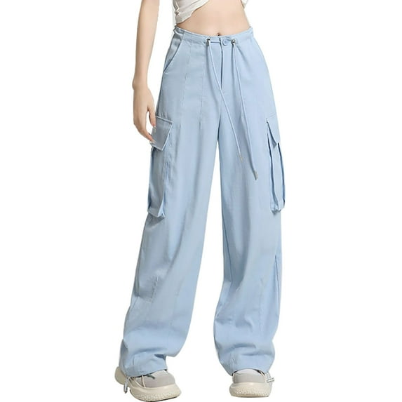 Kmdttou Cargo Pants Women Baggy Plus Size Solid Color Fashion Casual Loose Broad Leg Full Length Pants