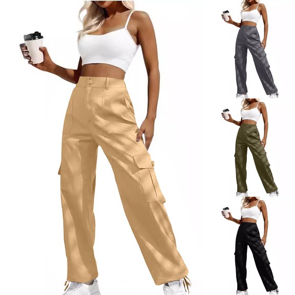 Kmdttou Cargo Pants Women Stretchy New Straight Tube Solid Color Button Multi Pocket Casual Drawstring Work Pants