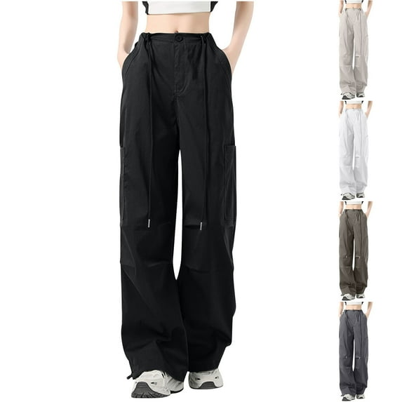 Kmdttou Cargo Pants Women Stretchy Solid Color Fashion Casual Loose Broad Leg Full Length Pants