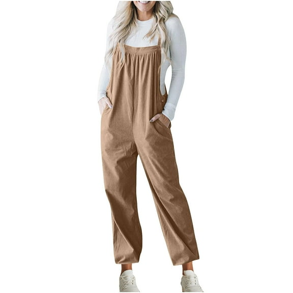 Kmdttou Cargo Pants for Women Corduroy Overalls For Barrel Wide Leg Bib Corduroy Pants Adjustable Romper Jumpsuit With Pockets