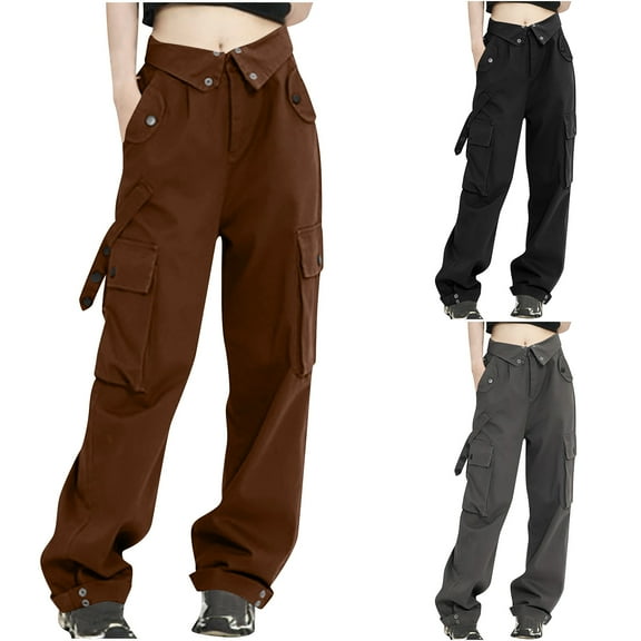 Kmdttou Cargo Pants for Women Flap High Waisted Work Pants Multi-Pockets Versatile Straight Leg Pants Trousers S-3XL