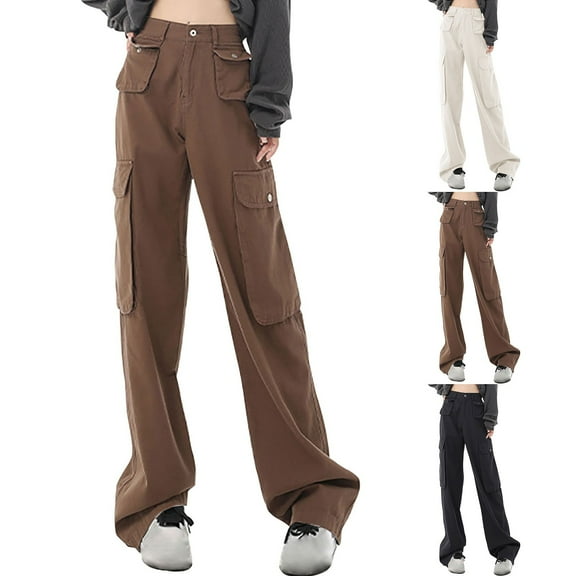 Kmdttou Cargo Pants for Women Plus Size Flap High Waisted Work Pants Multi-Pockets Versatile Straight Leg Pants Trousers