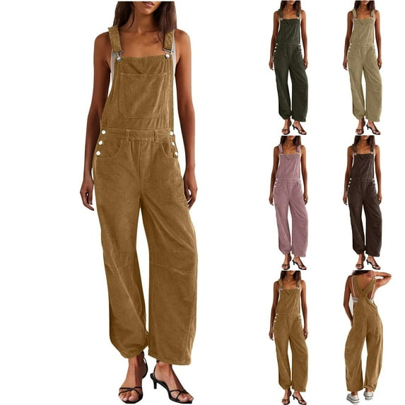 Kmdttou Cargo Plus Size Pants Women Baggy wide leg Corduroy Overalls For Barrel Wide Leg Bib Corduroy Pants Adjustable Romper Jumpsuit With Pockets