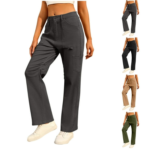 Kmdttou Cargo Plus Size Pants Women Baggy wide leg Fashionable Solid Color Casual Pocket Straight Leg High Waisted Work Pants