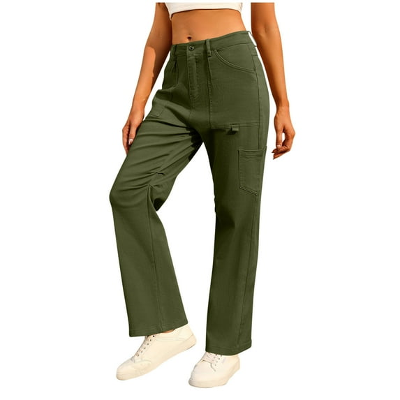 Kmdttou Cargo Plus Size Pants Women Baggy wide leg Fashionable Solid Color Casual Pocket Straight Leg High Waisted Work Pants