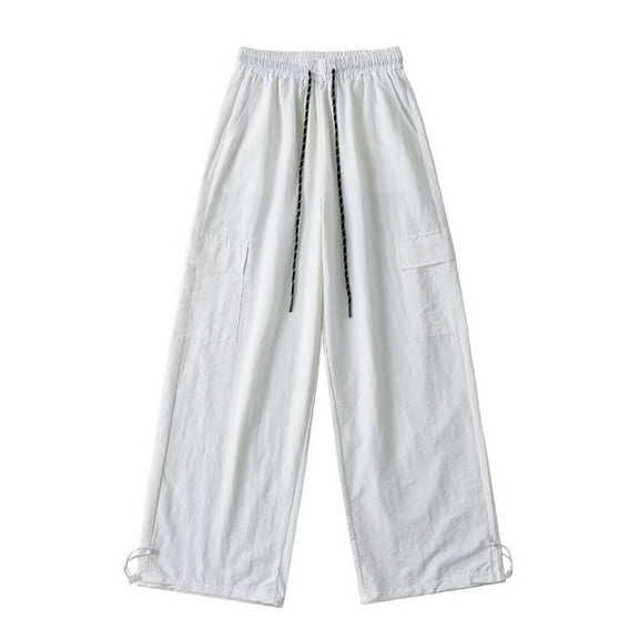 Kmdttou Cargo Plus Size Pants Women Baggy wide leg High Waist Drawstring Straight Leg Lace-Up Work Pants With Pockets Trousers