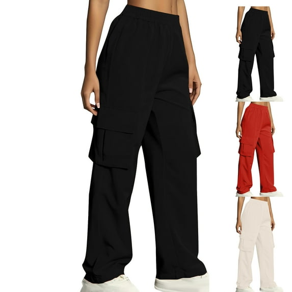 Kmdttou Cargo Plus Size Pants Women Baggy wide leg Solid Color High Waist Flap Pocket Work Pants Trousers With Pockets