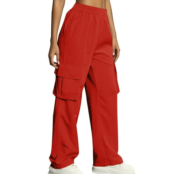 Kmdttou Cargo Plus Size Pants Women Baggy wide leg Solid Color High Waist Flap Pocket Work Pants Trousers With Pockets