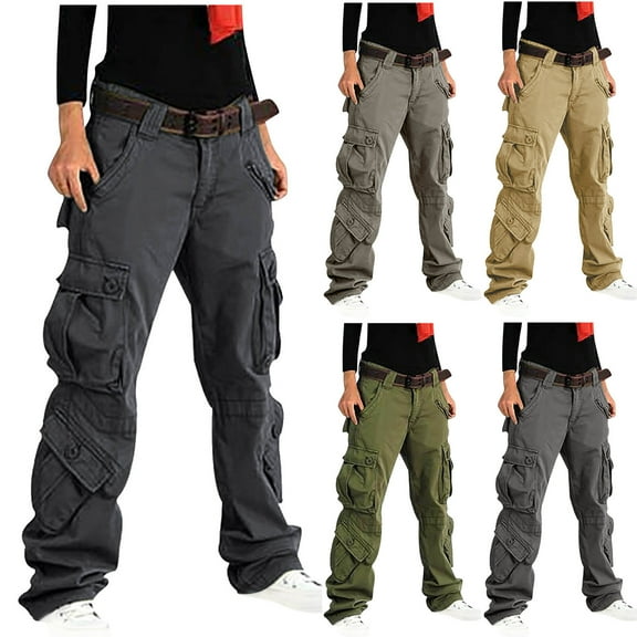 Kmdttou Cargo Plus Size Pants Women Baggy wide leg Solid Color Mid-waist Pocket Loose Overalls Casual Pants