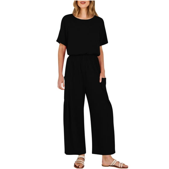 Kmdttou Clearance Under 5$! Women's New Summer Solid Color Casual Cotton Linen Jumpsuit With Pockets Short-sleeved Wide-legged Pants Jumpsuit Pants on Clearance!