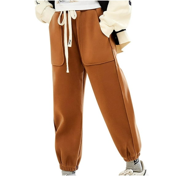 Under 10$ 4-16Years Children's Casual Solid Color Thickened Warm Windproof Low Waist Tied Ankle Pants Long Pants ,