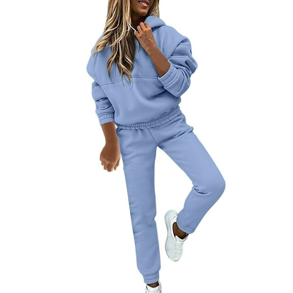 Kmdttou Clearance Under 5$! Women's Solid Color Casual Pullover Round Neck Long Sleeved Hooded Sweatshirt Long Pants Set on Clearance!