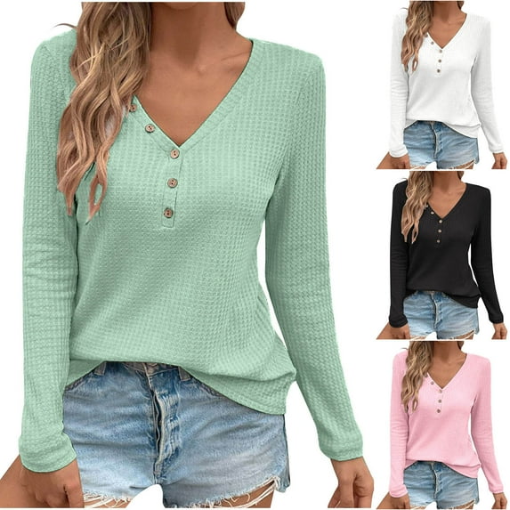 Kmdttou Clearance Under 5$! Women's Winter V-neck Button Solid Color Long Sleeve T-shirt Long Sleeve V-neck Top/shirt on Clearance!