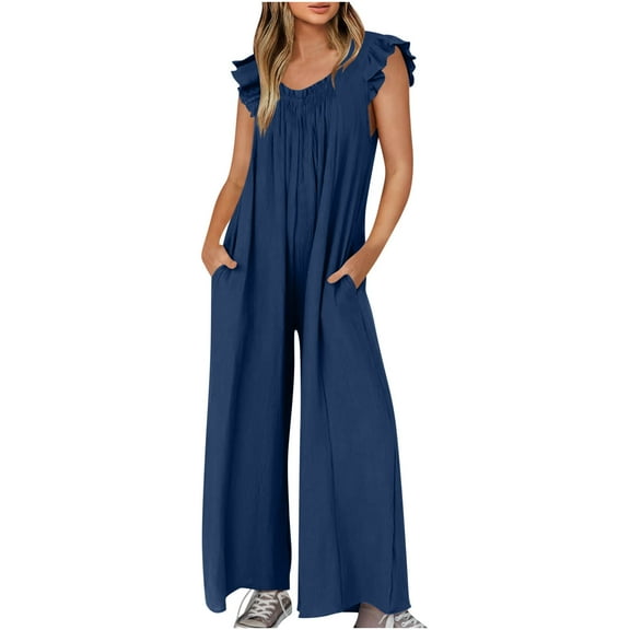 Kmdttou Clearance Under 5$! Womens Fashion Summer Solid Casual V Neck Sleeveless Belted High Waist Long Pants Rompers on Clearance!