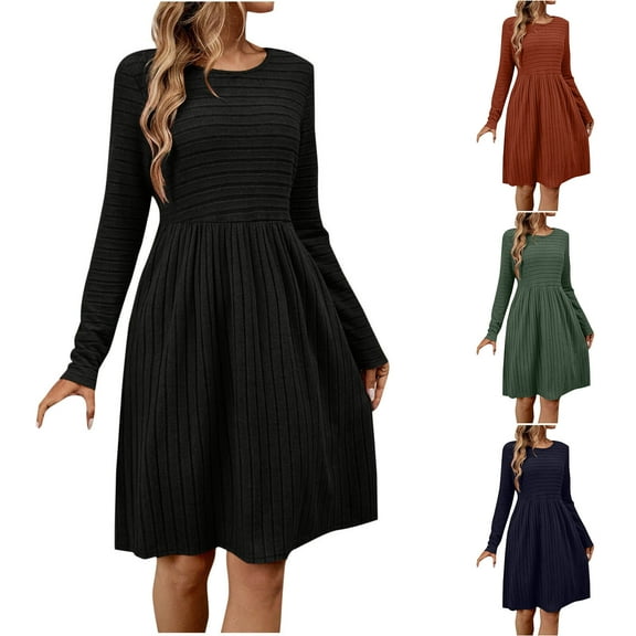 Kmdttou Dresses for Women 2025 Fashion Casual Solid Color Long Sleeve Round Neck Dress with Pockets (Size:S-2XL)