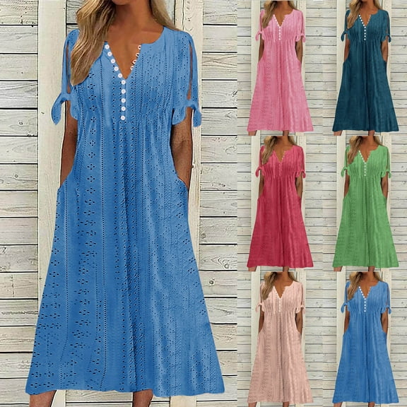 Kmdttou Dresses for Women 2025 Fashion Summer Casual V-Neck Short Sleeve Button Long Dress with Pockets (Size:S-3XL)