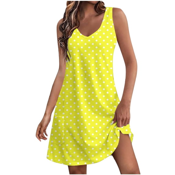 Kmdttou Dresses for Women 2025 Summer Fashion Polka Printing Pocket Sleeveless V-Neck Dress (Size:S-2XL)