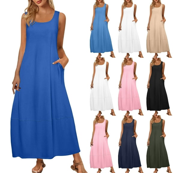 Kmdttou Dresses for Women Casual Sleeveless Mini Sundress Summer Spring Crewneck Tank Loose Beach Short Dresses with Pockets (Size:S-2XL)