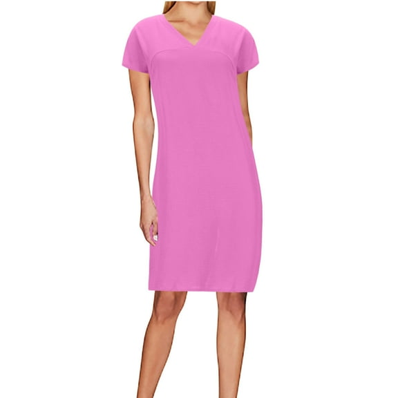 Kmdttou Dresses for Women Plus Size Plain Casual Fashionable Solid Color Slit Short Sleeved V-neck Dress