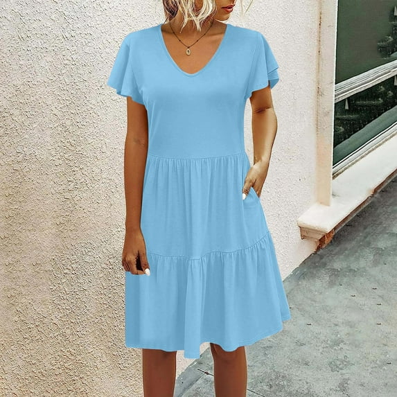 Kmdttou Dresses for Women Plus Size Plain Casual Loose Tank Dress Beach V-neck Pocket Sundress Short Sleeve Dresses