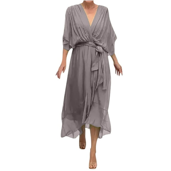 Kmdttou Dresses for Women Plus Size Plain Casual Solid Color Lace Up Irregular Long Dress