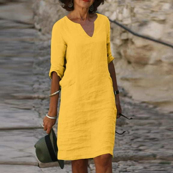 Kmdttou Dresses for Women Plus Size Plain Casual Vacation Style Solid Color Half Sleeve V-Neck Dress