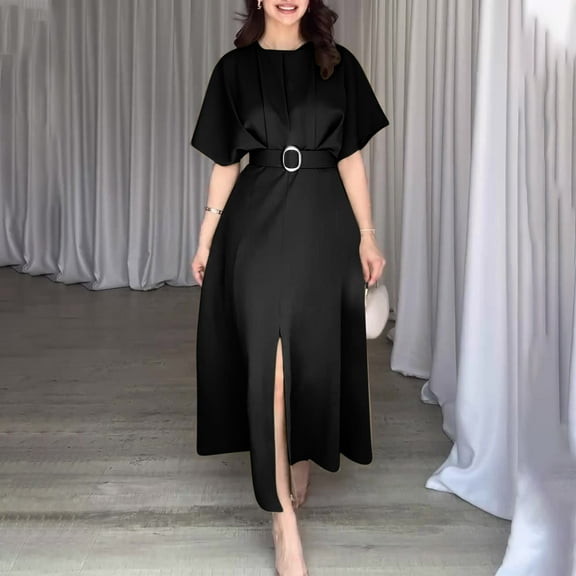 Kmdttou Dresses for Women Plus Size Plain Solid Color Fashionable Round Neck Short Sleeve Dress