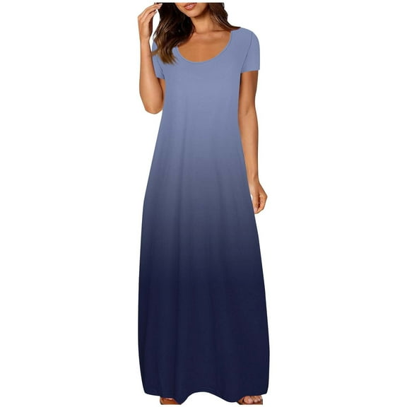 Kmdttou Dresses for Women Plus Size Pocket Print Color Dress Sexy Round Neck Short Sleeved Dress with Pockets (Size:S-5XL)