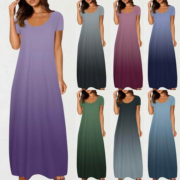 Kmdttou Dresses for Women Plus Size Pocket Print Color Dress Sexy Round Neck Short Sleeved Dress with Pockets (Size:S-5XL)