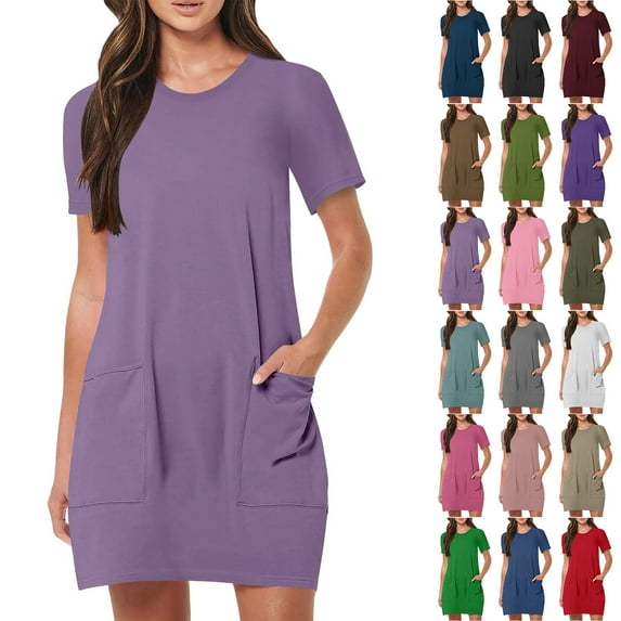Kmdttou Dresses for Women Plus Size Women Fashion Summer Solid Color Short Sleeve Round Neck Pocket Dress Beach Sundress with Pockets