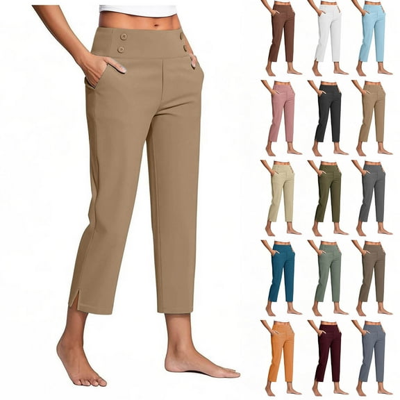 Kmdttou Dressy Capri Pants for Women Plus Size High Waist Stretch Long Pants Womens Golf Capris Pants for Summer with Pockets Work Casual Save to 65% off!