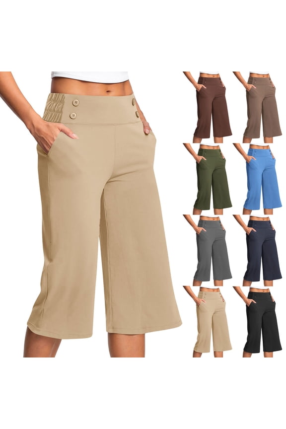 Dressy Capri Pants for Women Plus Size High Waist Stretch Womens Golf Capris Wide-leg Pants for Summer with Pockets Culottes Work Casual Save to 65% off!