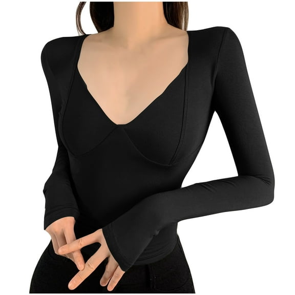 Essentials Women's Regular-Fit Fashion Fall Solid V-Neck T-Shirt Long Sleeve Casual Blouse Tops