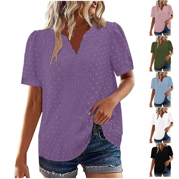 Kmdttou Fall Tops Dressy Women Blouses Fashion Solid Color Button Pocket Short Sleeve Turndown Collar Blouse Tops Up to 65% off!