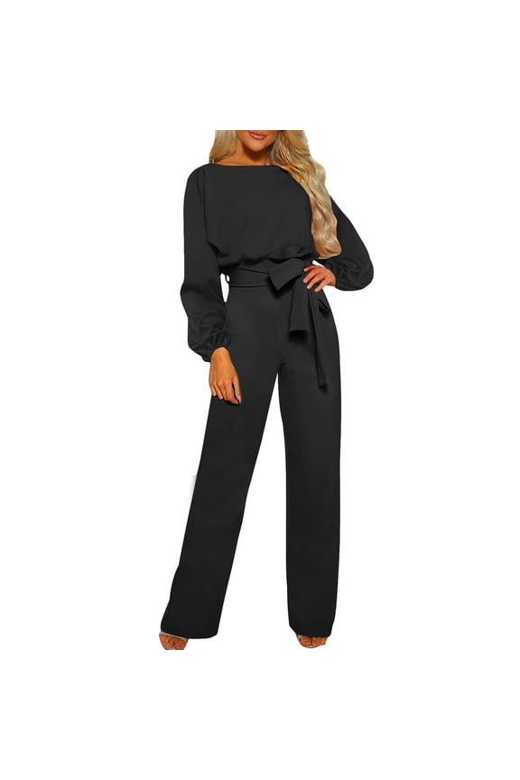 Fashion Plus Size Set Sweatsuits Tracksuits for Women'S Fall/Winter Solid Color Long Sleeved Crew Round Neck Jumpsuit With Belt Jumpsuit Pans on Clearance!
