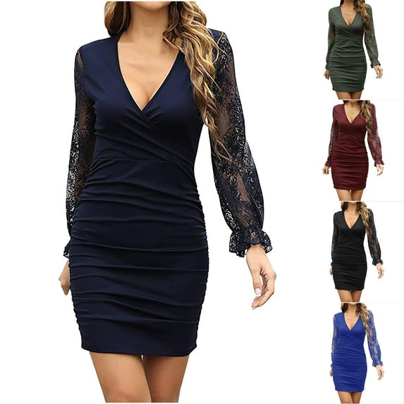 Kmdttou Fashion Women Summer Casual Lace Solid Color Long Sleeve Sexy Dress,Women's Long Dresses Flowy Maxi for Beach