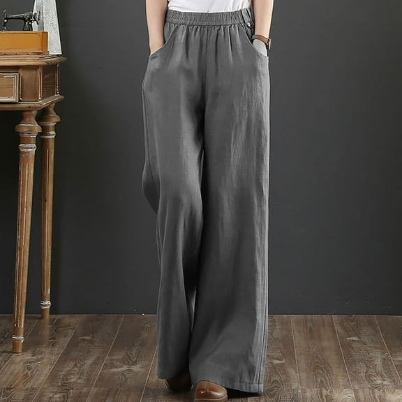 Kmdttou Fashion Womens Casual Solid Color Elastic Loose Pants Straight Wide Leg Trousers With Pocket