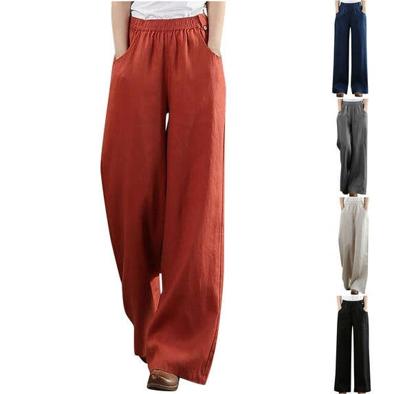Kmdttou Fashion Womens Casual Solid Color Elastic Loose Pants Straight Wide Leg Trousers With Pocket