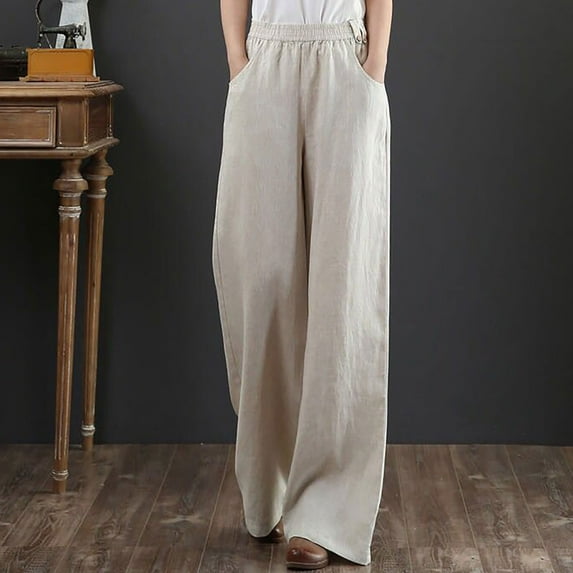 Kmdttou Fashion Womens Casual Solid Color Elastic Loose Pants Straight Wide Leg Trousers With Pocket
