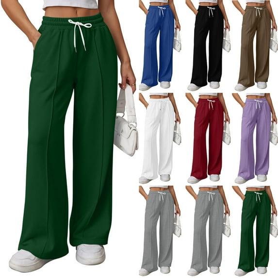 Kmdttou Fashion Womens Casual Solid Color Pants Straight Wide Leg Trousers Pants on Clearance!